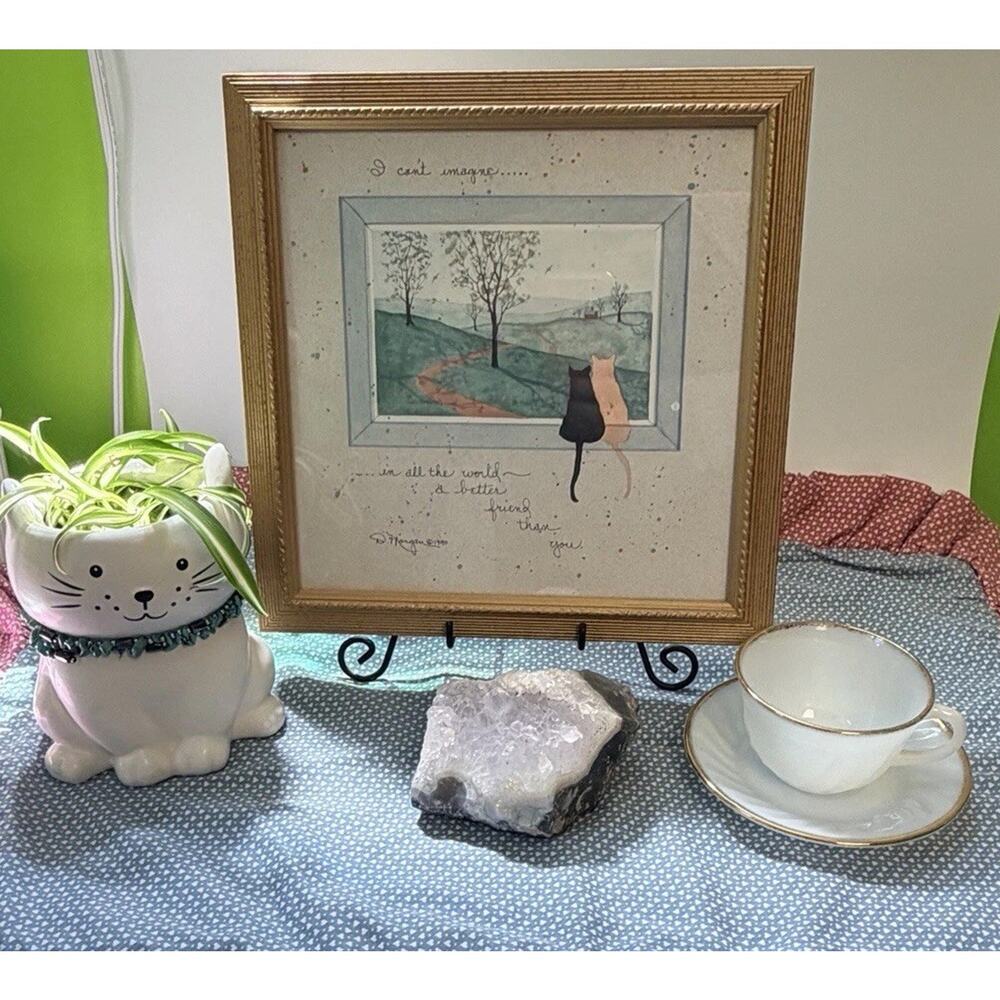 Vintage Signed Gold Framed Cat Art Friends 90s Cats Kitties Grandmacore 1990